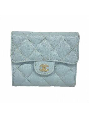 Chanel Trifold Wallet Quilted Caviar Leather Light Blue Champagne Gold